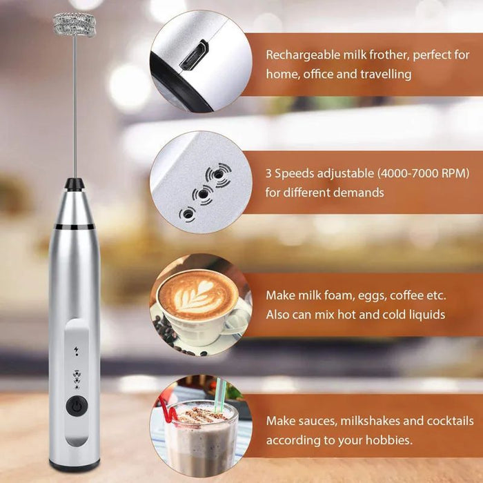 Milk Frother Handheld USB Rechargeable Milk Foam Maker with 2 Stainless  Whisks, Mini Blender Mixer 3 Speeds Adjustable for Coffee, Latte,  Cappuccino